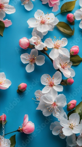 Beautiful Pink Cherry Blossoms Arranged on a Vibrant Blue Background Creating...