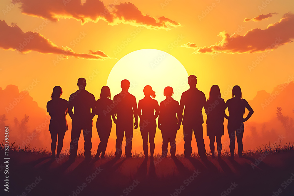 Fototapeta premium Sunset Silhouette of a United Group Standing Together