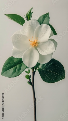 Beautiful White Flower With Green Leaves Displayed Against a Plain Background