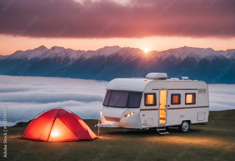 Caravan house trailer camping in mountain nature