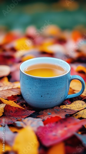 Warm Tea Cup Surrounded by Colorful Autumn Leaves in a Natural Setting