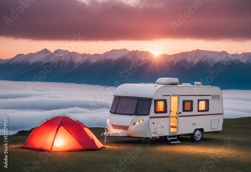 Obraz na płótnie Caravan house trailer camping in mountain nature w salonie