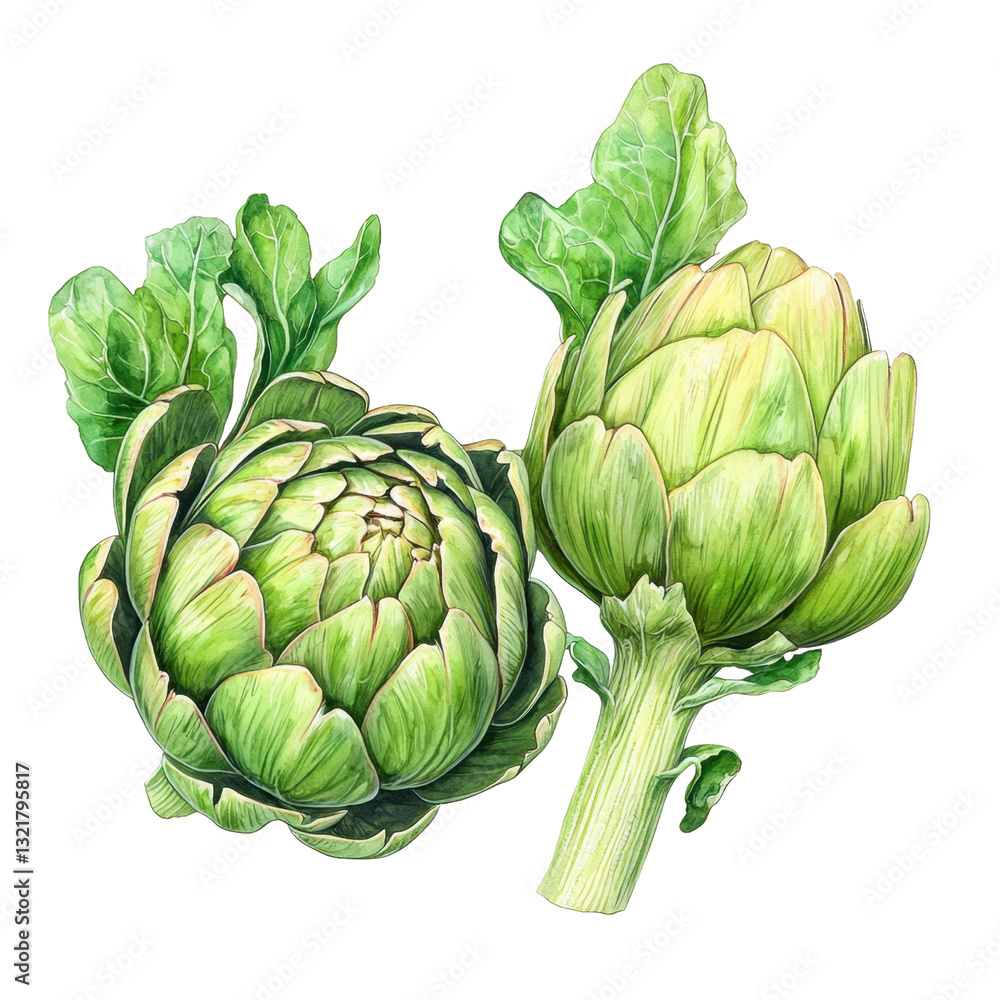 Obraz premium Fresh Artichokes with Leaves and Green Background Illustration