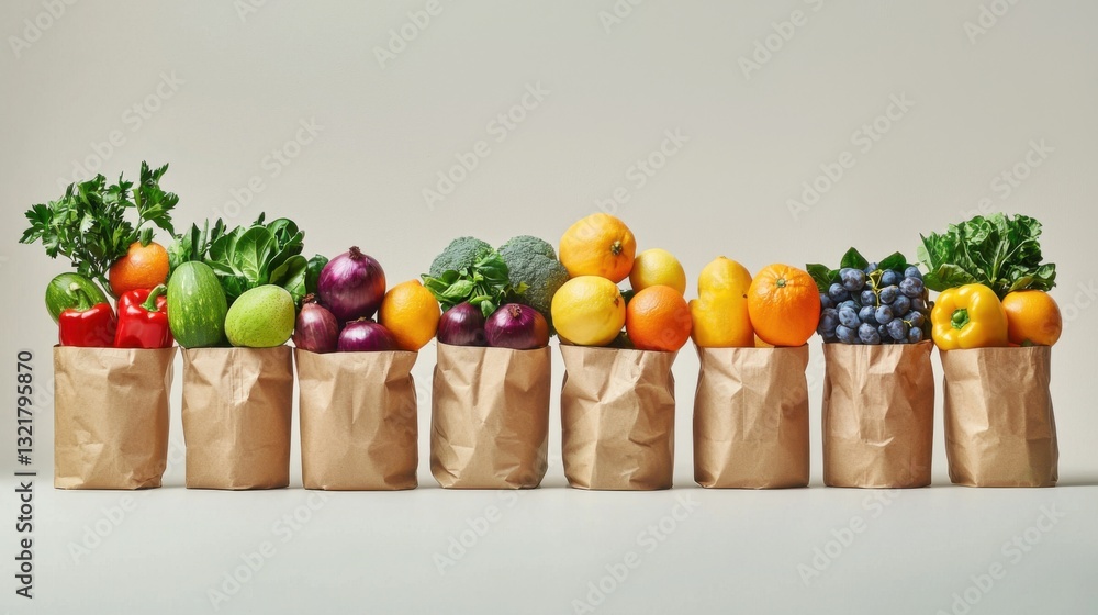 Freshly delivered locally grown fruits and vegetables packed in eco-friendly paper bags or textile shopping bags, zero waste vegetarian nutrition concept Freshly delivered locally grown fruits and vegetables packed in eco-friendly paper bags or textile shopping bags, zero waste vegetarian nutrition concept