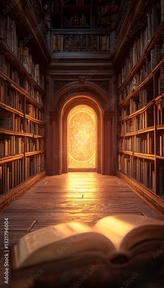 A hidden portal within a grand library, bookshelves stretching infinitely, a warm glow emitting from a mysterious open book, cinematic fantasy wonder A hidden portal within a grand library, bookshelves stretching infinitely, a warm glow emitting from a mysterious open book, cinematic fantasy wonder