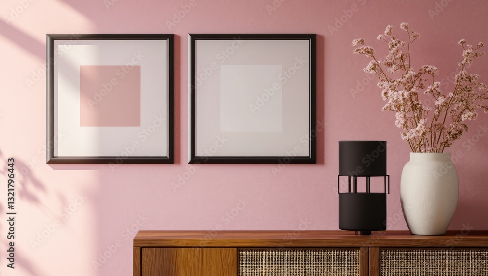 Obraz premium Pink wall, wooden cabinet, frames, vase, lamp, flowers.