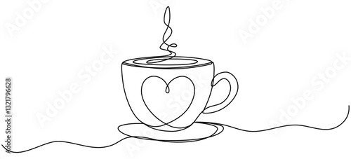 Coffee cup with heart shape continuous line drawn. Hot tea drink. Vector illustration isolated on white.