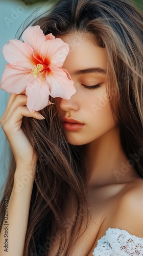 Young Woman Holding a Pink Flower With Long Hair in a Serene Outdoor Setting