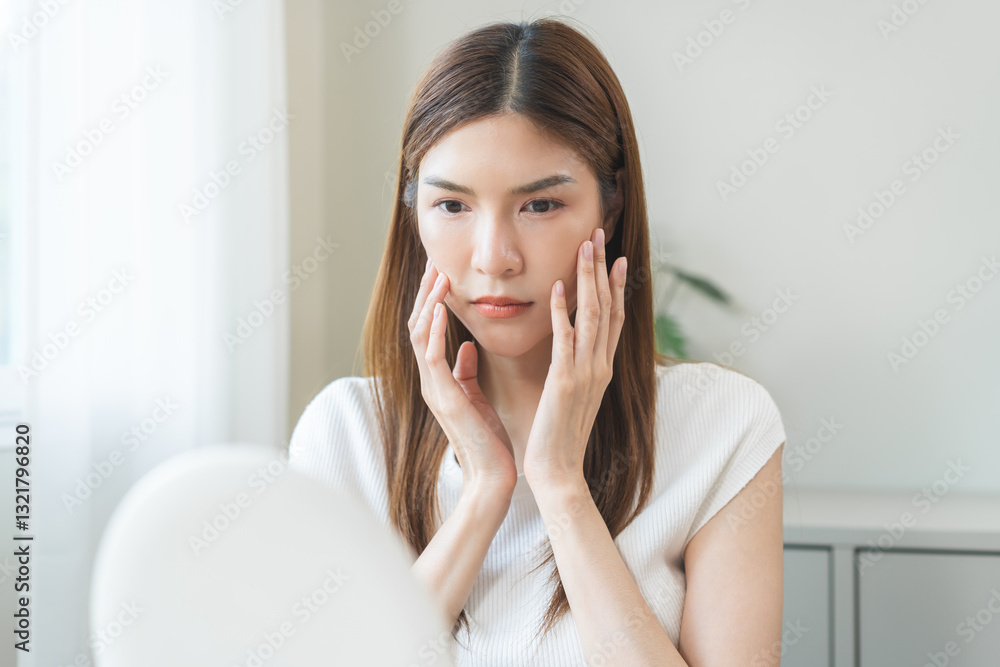 Anti aging, worry puberty asian young woman, stressed girl looking in mirror, allergy presenting an allergic reaction from cosmetic on face. Beauty, health care from acne problem, dry skin, treatment. Anti aging, worry puberty asian young woman, stressed girl looking in mirror, allergy presenting an allergic reaction from cosmetic on face. Beauty, health care from acne problem, dry skin, treatment.