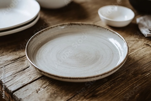 Empty ceramic plate on rustic wooden table.