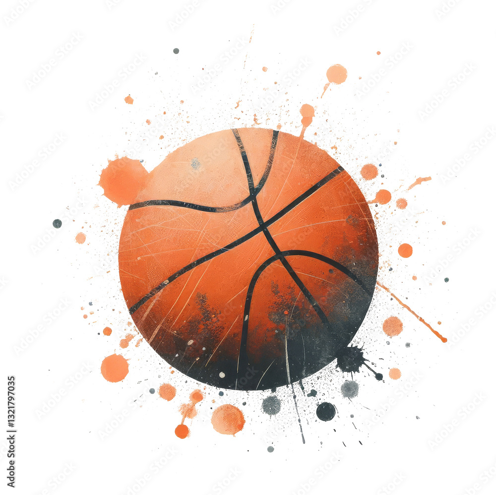 Hand-painted watercolor basketball featuring energetic paint splashes, transparent background, ideal clipart for sporty creative projects.