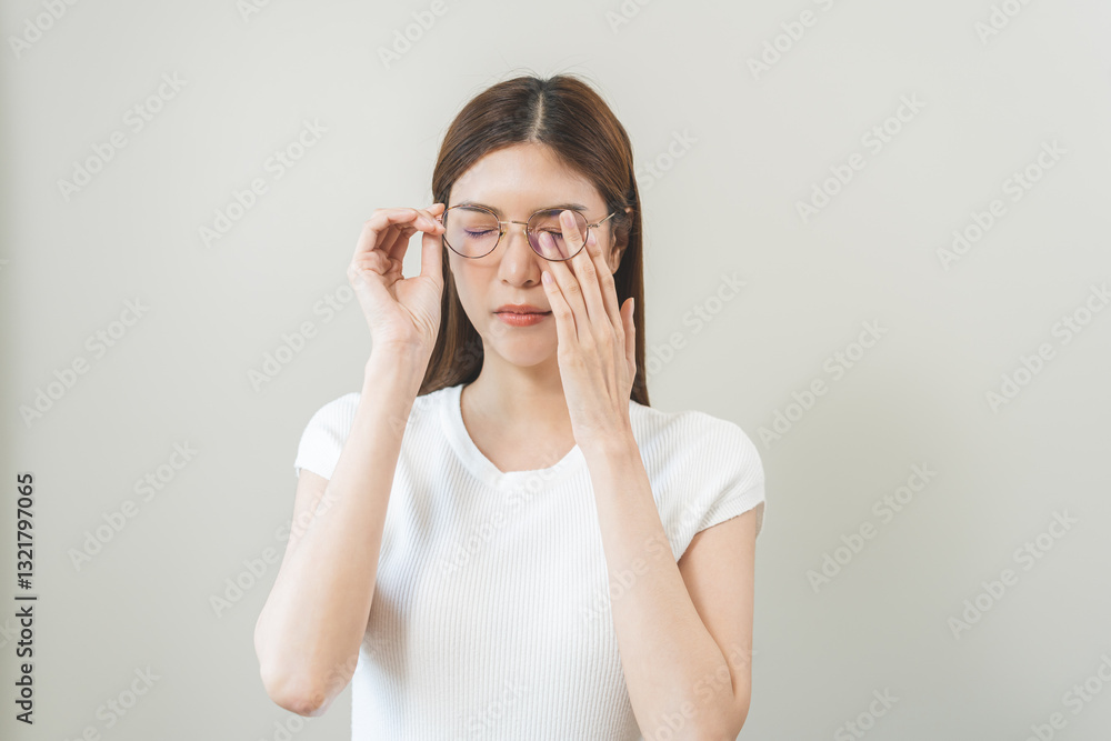 Eye problem concept, fatigue asian young woman tired eyes irritated rubbing, massage eye dry relief vision pain after work, eye strain, hand holding glasses, suffer bad blurry isolated on background. Eye problem concept, fatigue asian young woman tired eyes irritated rubbing, massage eye dry relief vision pain after work, eye strain, hand holding glasses, suffer bad blurry isolated on background.