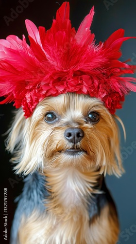 Small Dog in Vibrant Floral Headpiece Standing Against Autumn Background