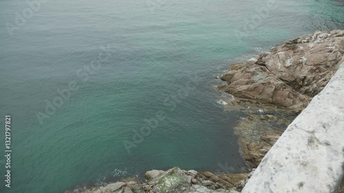 The North Sea. Sakhalin. Beach and rocky cliff with birds