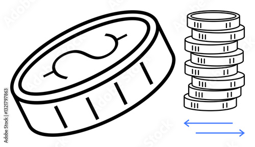 Single coin with dollar outline next to a stack of coins and arrows denoting exchange. Ideal for finance, currency, trade, investment, savings, economy, digital transactions. Flat simple metaphor