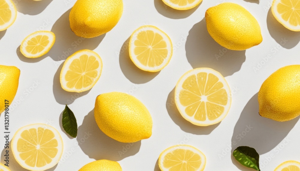 Fototapeta premium Freshly cut lemons and whole lemons creating a vibrant pattern on white background