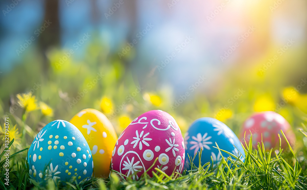 Decorated easter eggs in green fresh grass. Easter eggs card. Copy space Decorated easter eggs in green fresh grass. Easter eggs card. Copy space