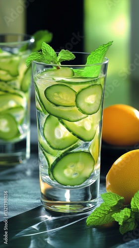 Refreshing Cucumber Mint Lemonade Served in Clear Glasses on a Granite Counte...