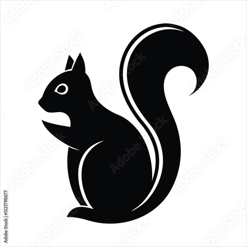 A black squirrel silhouette, a wild mammal icon, or a vector drawing of a squirrel with a nut