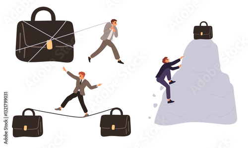 Businessmen with briefcases. Man overcoming obstacles. Business bag. Climb mountain. Office worker balancing on rope. Guy pulling big handbag with cable. Vector leadership concepts set