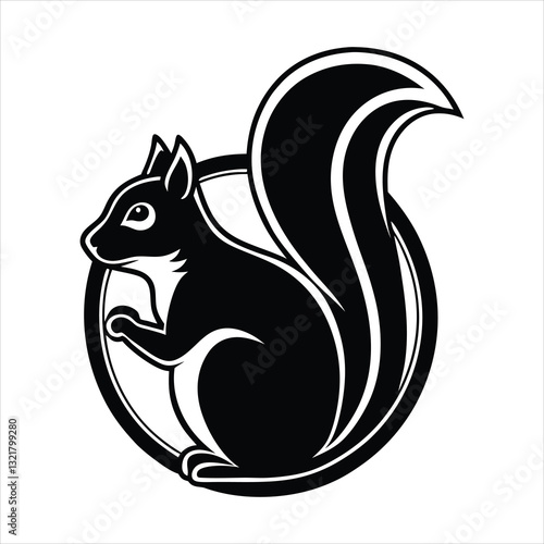 A black squirrel silhouette, a wild mammal icon, or a vector drawing of a squirrel with a nut
