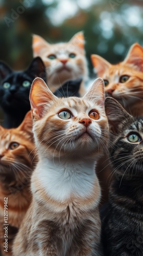 Group of Cats With Various Fur Patterns Observing the Outside World During Da...