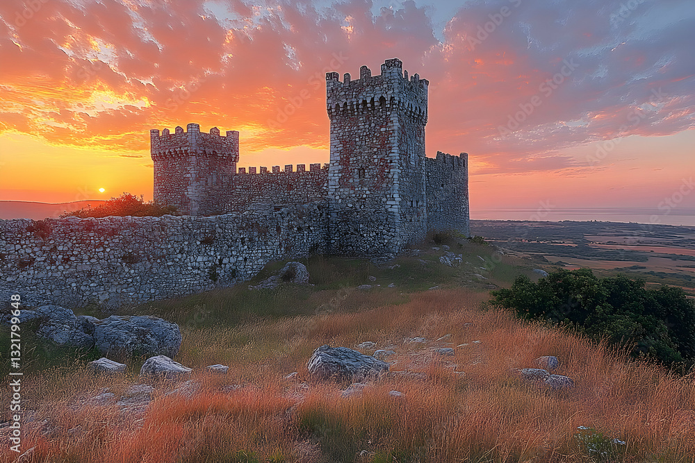 Fototapeta premium Majestic medieval castle silhouette at sunset, overlooking tranquil landscape. Ancient stone walls, vibrant sky.