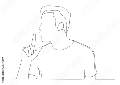 Continuous one line art of a man sitting with his index finger to his lips, concept of silence, ignorance, keeping a secret, possessing a secret, hiding information.