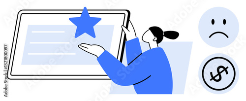 Woman placing star on oversized tablet, symbolizing content evaluation or ranking. Face emoticon and dollar sign suggest feedback and financial concerns. Ideal for quality measurement, feedback