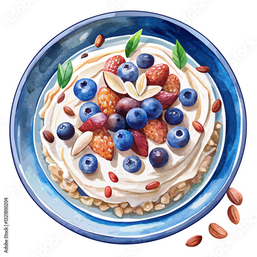Watercolor Oatmeal with Blueberries and Nuts. Perfect for: Breakfast, Health Campaigns, Wellness