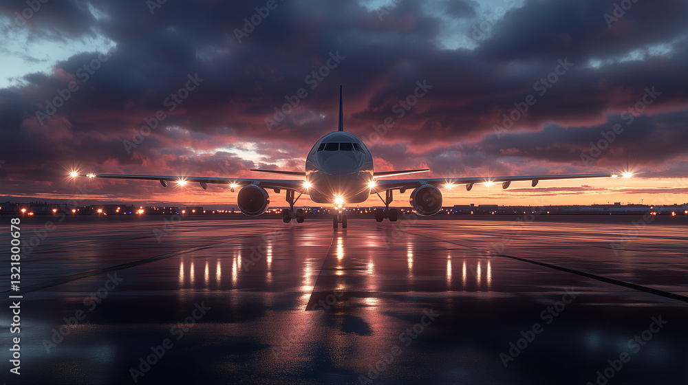 Obraz premium Airplane on wet runway with stormy sky at dusk