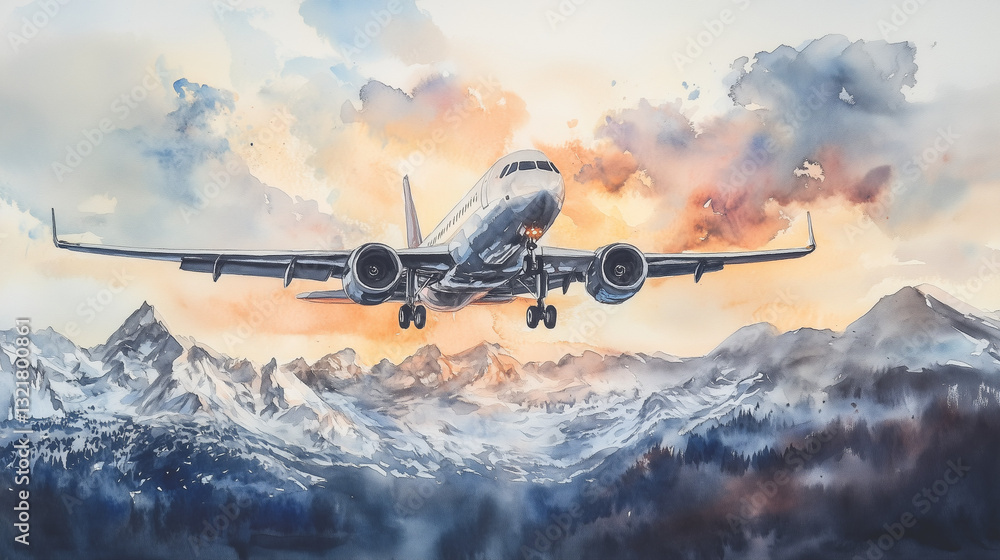 Naklejka premium Watercolor painting of airplane flying over snowy mountains