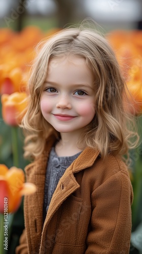Young Girl Smiling Among Vibrant Orange Tulips in a Flower Field During Sprin...