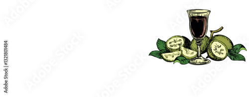 Unripe walnut seeds whole and halves, leaves and branches lie on a plate. Vector glass of Italian walnut liqueur Nocino. Composition in color engraving technique.