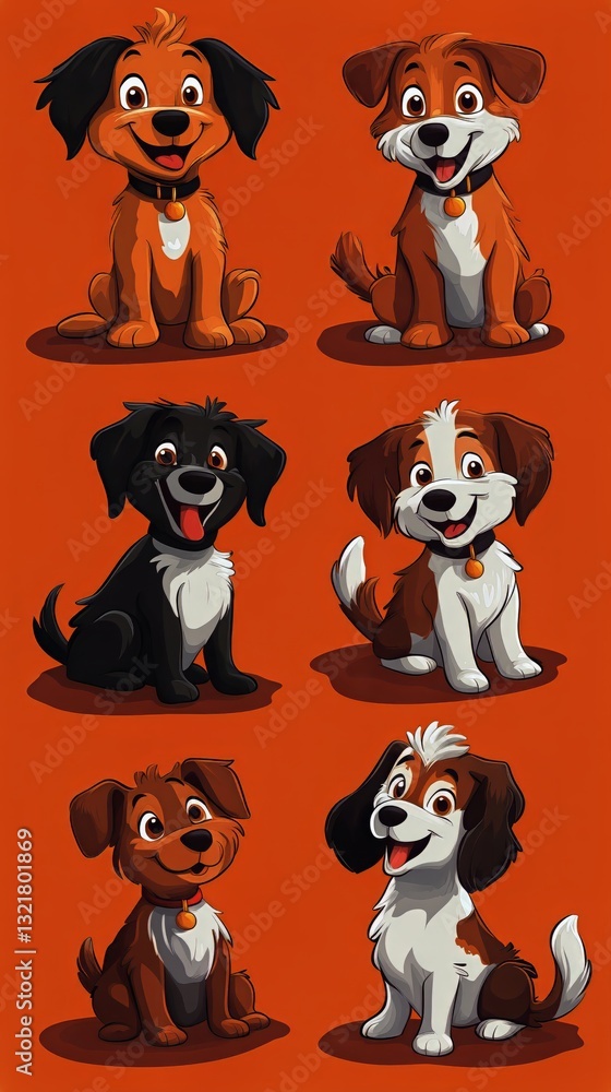Obraz premium Fun Cartoon Dogs Displaying Different Expressions in a Colorful Illustration