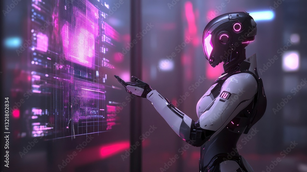 Female robot interacts with a futuristic holographic interface, displaying data and graphics in a neon-lit city environment.