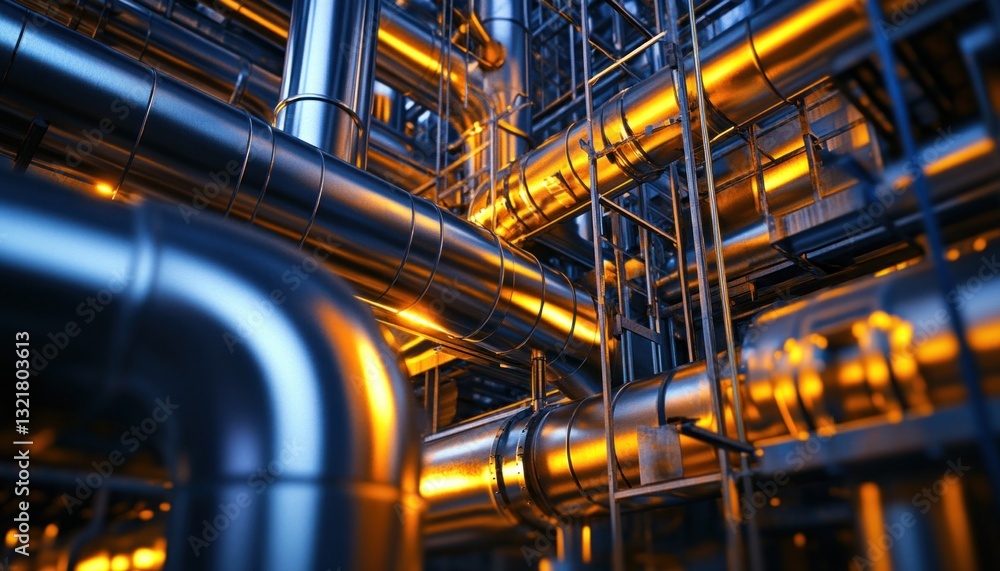 Industrial pipes system glowing in power plant Industrial pipes system glowing in power plant