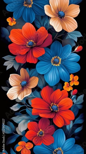 Floral Pattern Featuring Vibrant Red and White Blooms on Dark Background