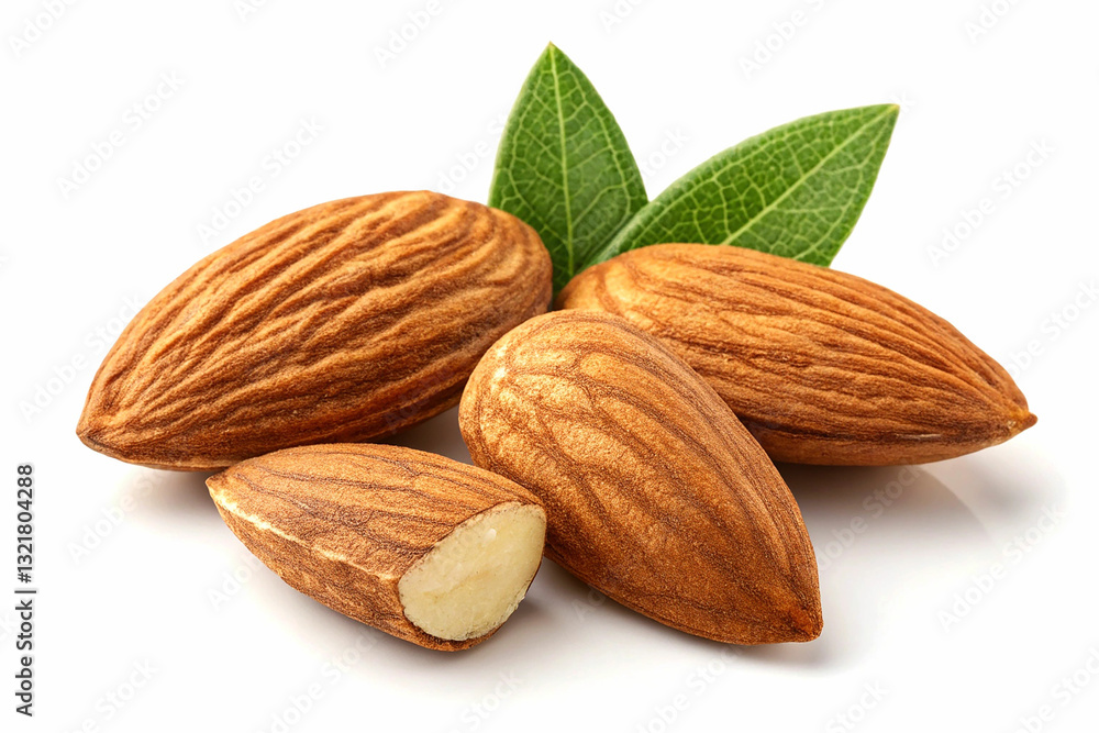 Close-up of whole and halved almonds, accompanied by fresh almond blossoms and leaves, set against a pure white background. Close-up of whole and halved almonds, accompanied by fresh almond blossoms and leaves, set against a pure white background.