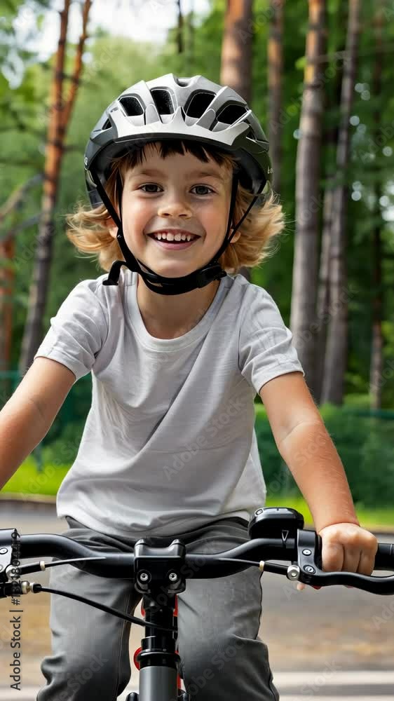 Child with helmet rides bicycle joyfully through a green park on a sunny day, showcasing a vibrant outdoor lifestyle Child with helmet rides bicycle joyfully through a green park on a sunny day, showcasing a vibrant outdoor lifestyle