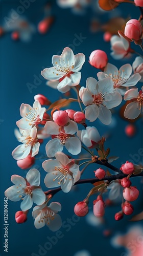 Beautiful Pink Cherry Blossoms Arranged on a Vibrant Blue Background Creating...