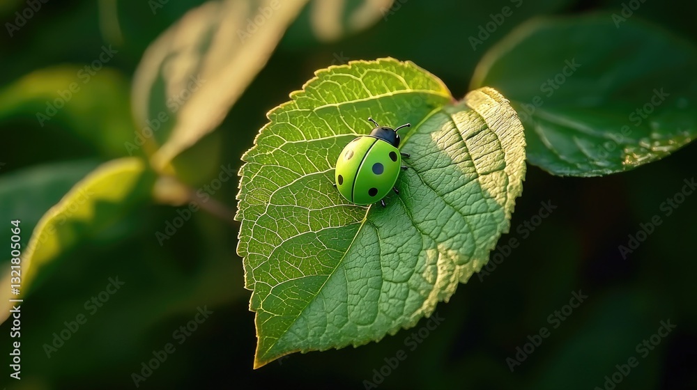 Green ladybug on leaf, sunlight, garden, nature