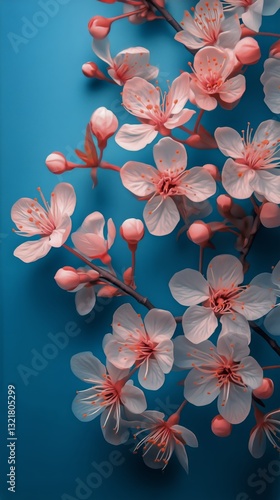 Beautiful Pink Cherry Blossoms Arranged on a Vibrant Blue Background Creating...