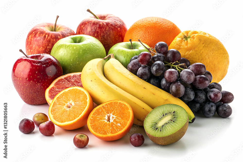 A vibrant and appetizing display of various fresh fruits against a plain white background. A vibrant and appetizing display of various fresh fruits against a plain white background.