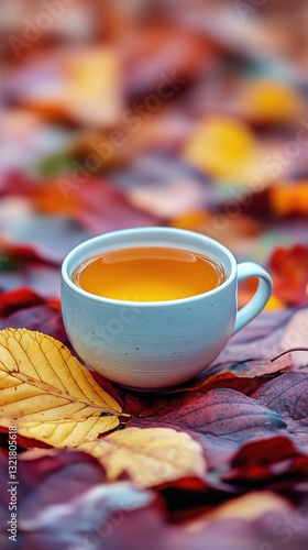 Warm Tea Cup Surrounded by Colorful Autumn Leaves in a Natural Setting