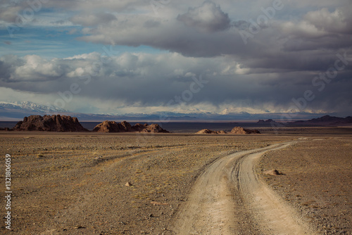 Obraz na płótnie The foothills of western Mongolia with rugged tire tracks etched into the barren landscape, a harsh and untamed beauty. w salonie
