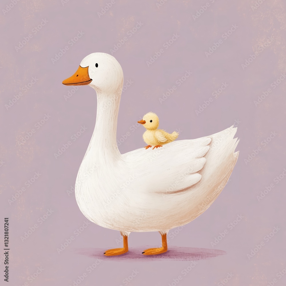 Obraz premium Minimalist, hand-painted digital illustration: white goose with chick, soft lines, lilac background, golden-brown beak/feet, Scandinavian-inspired, no outlines