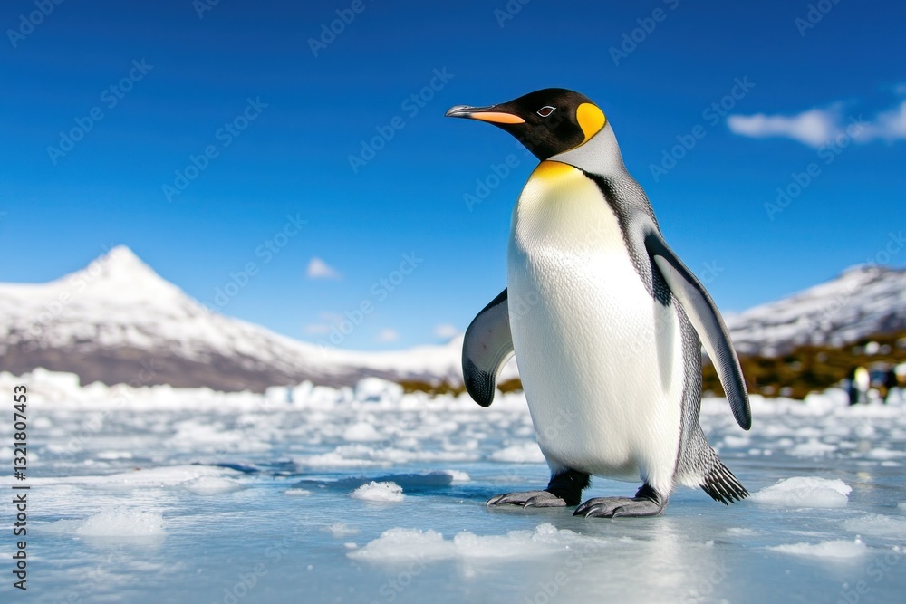 Fototapeta premium King penguin walking on ice in antarctica with snowy mountains in background