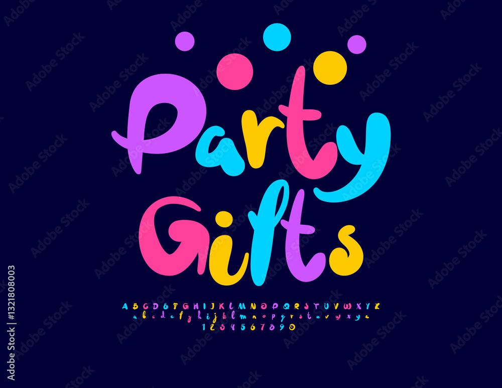 Fototapeta premium Vector Joyful template Party Gifts. Funny Colorful Font. Bright Festive Alphabet Letters and Numbers set. 