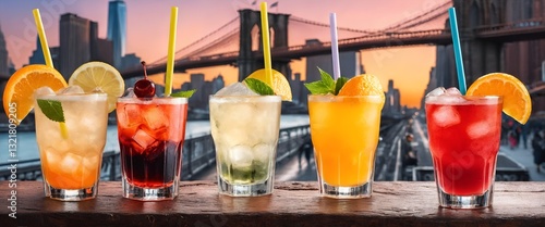Obraz na płótnie Alkohol cocktails in glasses against bridge city w salonie